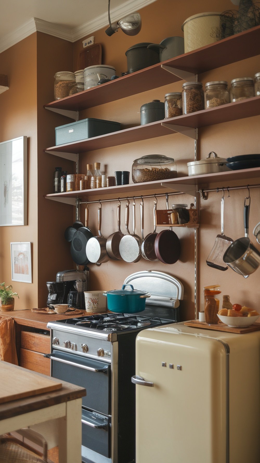 A cozy kitchen with wall-mounted shelves displaying pots, jars, and utensils, showcasing effective vertical storage solutions.