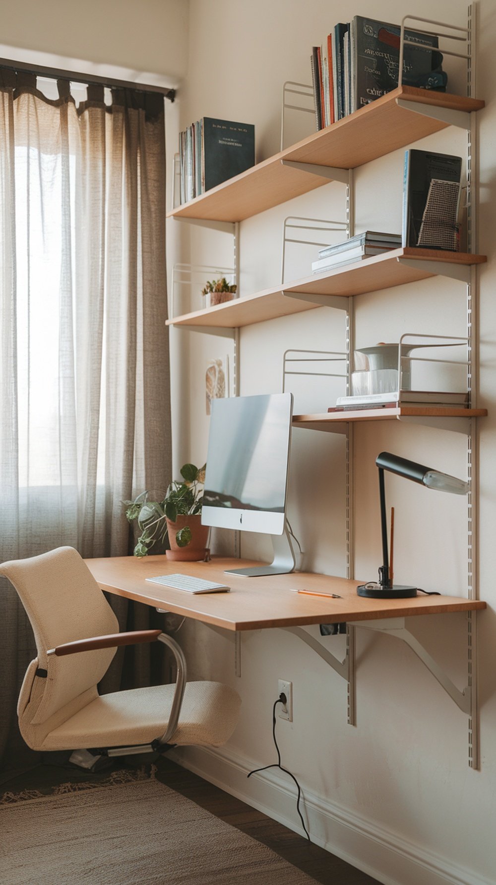 A cozy compact workspace with a wall-mounted desk, computer, and shelves filled with books and plants.