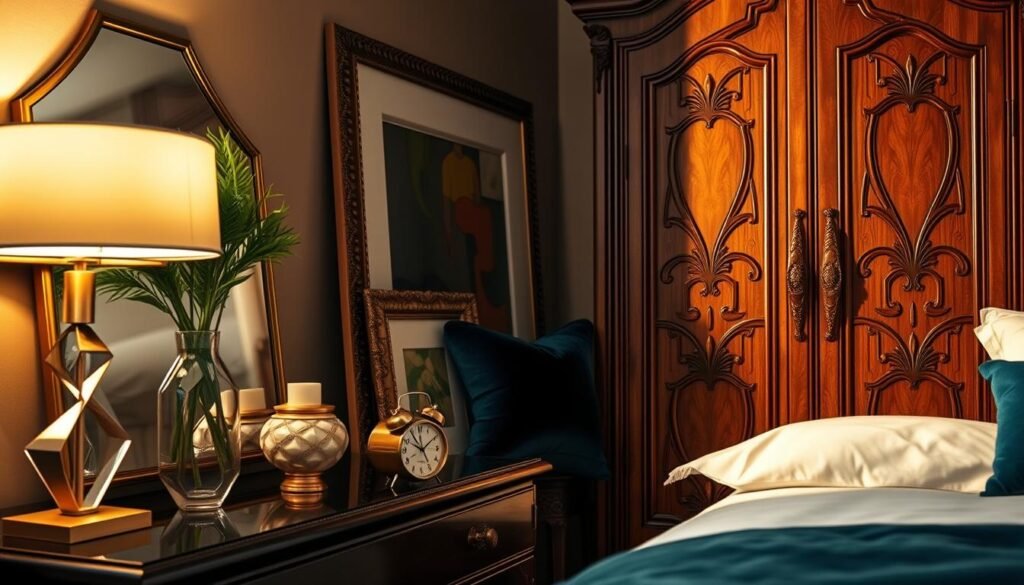 A cozy Art Deco-inspired bedroom showcases a tasteful array of handcrafted accessories. In the foreground, a sleek geometric mirror reflects the soft lighting, casting warm shadows across a gilded table lamp and a delicate vase with lush, tropical foliage. On the bedside table, a sculpted candle holder and a vintage-inspired alarm clock add subtle glamour. The middle ground features an ornate picture frame displaying a bold, abstract artwork, complemented by a plush velvet throw pillow in a rich, jewel-tone hue. In the background, a magnificent, antique-style wardrobe with intricate carved details takes center stage, its doors slightly ajar to reveal a glimpse of luxurious Art Deco-patterned textiles. The overall atmosphere exudes a sense of refined elegance and effortless style.