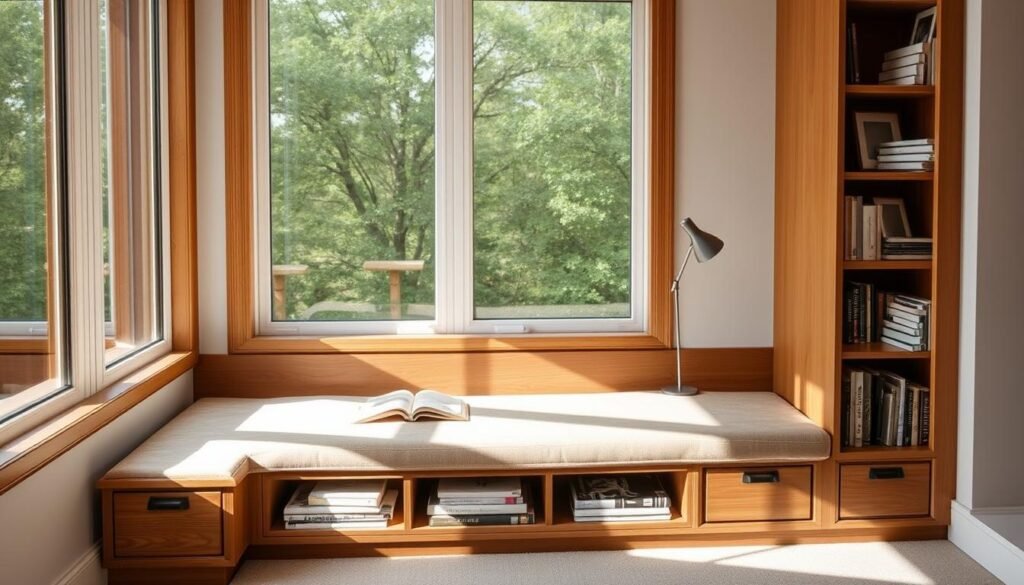 A cozy and inviting window seat with built-in storage compartments for books, magazines, and reading accessories. The seat is crafted from warm, polished wood with a plush, cushioned top in a neutral tone that complements the surrounding decor. Soft, diffused lighting streams through the large window panes, creating a serene and relaxing atmosphere perfect for curling up with a good book. The window seat is positioned in a corner, allowing for ample space and privacy for the reader. The sleek, minimalist design blends seamlessly with the overall aesthetic of the reading nook, creating a harmonious and functional space.