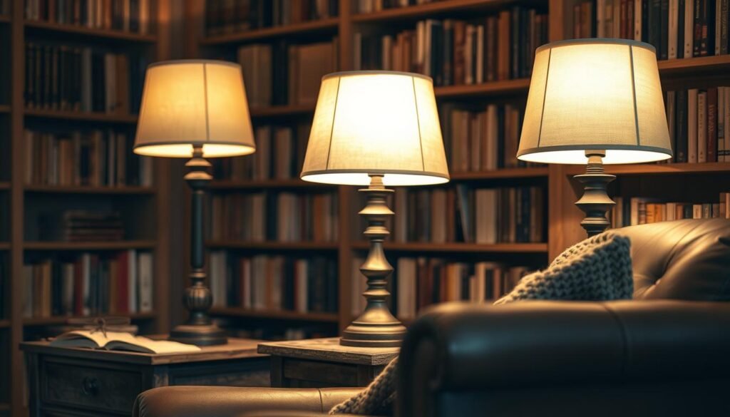 A cozy reading nook bathed in the warm glow of rustic, vintage-inspired table lamps. The lamps feature oil-rubbed bronze bases and off-white linen shades, casting a soft, inviting light. In the foreground, the lamps stand atop a wooden side table with a distressed finish, complementing the worn leather armchair and knitted throw blanket. In the background, bookshelves line the walls, creating a charming, library-like atmosphere. The overall scene evokes a sense of comfort, relaxation, and the simple pleasure of getting lost in a good book.