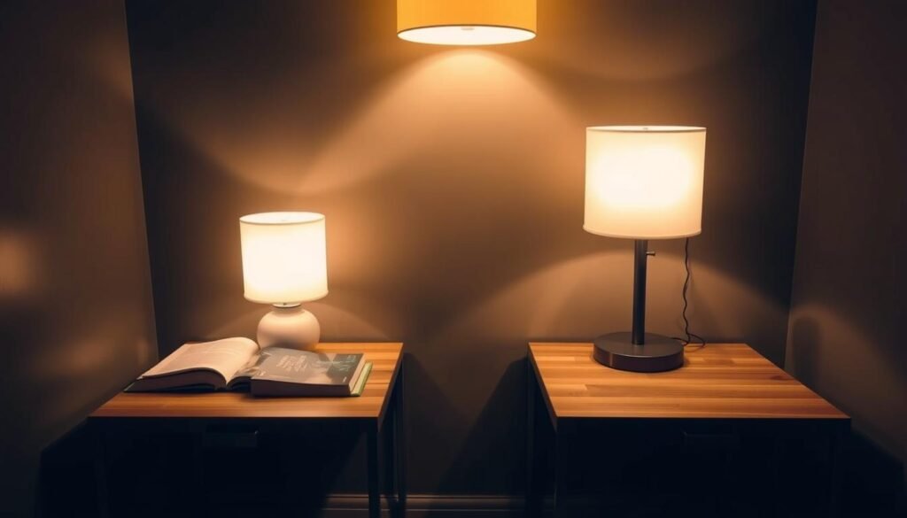 A cozy reading nook with a pair of functional side tables, illuminated by a warm overhead light. The tables feature clean, minimalist lines with smooth wooden tops and slender metal legs, providing ample surface space for lamps, books, and reading essentials. The overall scene exudes a sense of tranquility and comfort, inviting the viewer to curl up and immerse themselves in a good read.