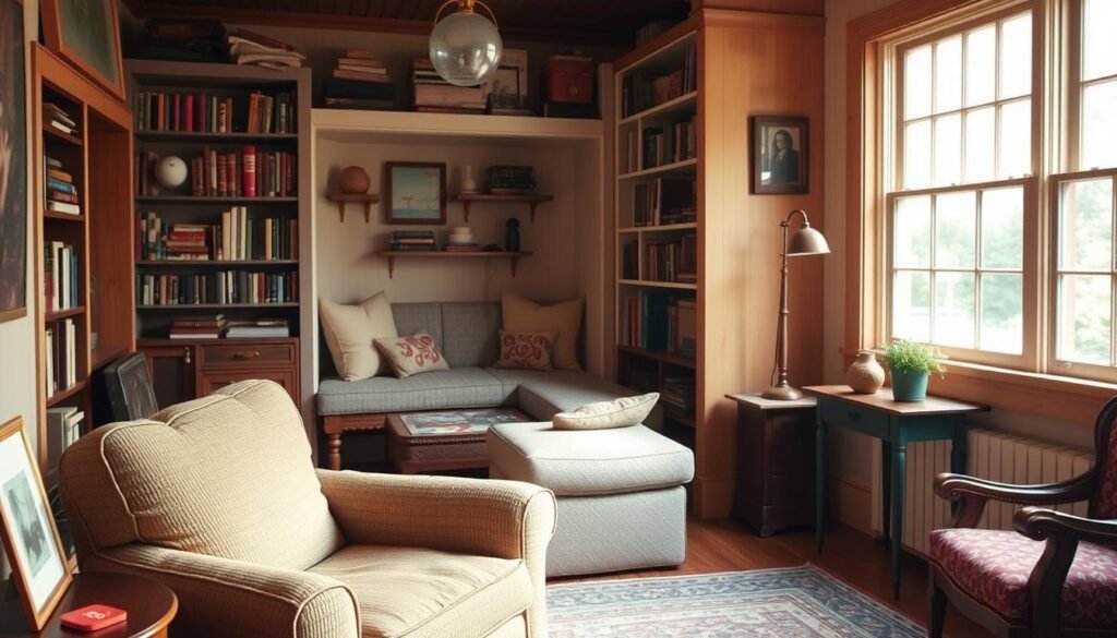 A cozy reading nook with budget-friendly seating options, bathed in warm natural light from a large window. In the foreground, a comfy armchair upholstered in a soft, textured fabric, paired with a sturdy side table. In the middle ground, a built-in bench with plush cushions, nestled into a window alcove, surrounded by bookshelves. The background features a mix of eclectic, second-hand furniture pieces, creating a charming, lived-in atmosphere. Soft, diffused lighting illuminates the space, highlighting the textures and hues of the various fabrics and materials. The overall scene conveys a sense of relaxation, comfort, and literary inspiration, perfect for an article on budget-friendly reading nooks. A cozy reading nook with budget-friendly seating options, bathed in warm natural light from a large window. In the foreground, a comfy armchair upholstered in a soft, textured fabric, paired with a sturdy side table. In the middle ground, a built-in bench with plush cushions, nestled into a window alcove, surrounded by bookshelves. The background features a mix of eclectic, second-hand furniture pieces, creating a charming, lived-in atmosphere. Soft, diffused lighting illuminates the space, highlighting the textures and hues of the various fabrics and materials. The overall scene conveys a sense of relaxation, comfort, and literary inspiration, perfect for an article on budget-friendly reading nooks.