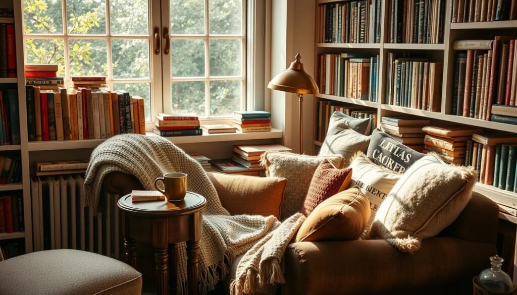 A cozy, sun-drenched reading nook with a plush, overstuffed armchair and a soft, woven throw blanket. Bookshelves line the walls, filled with a diverse collection of well-worn paperbacks and hardcovers. A small, wooden side table holds a steaming mug of tea and a tarnished brass lamp casts a warm, ambient glow. The window seat is piled high with fluffy, mismatched pillows, inviting the reader to curl up and get lost in a good book. The overall atmosphere is one of comfort, affordability, and a love of the written word. A cozy, sun-drenched reading nook with a plush, overstuffed armchair and a soft, woven throw blanket. Bookshelves line the walls, filled with a diverse collection of well-worn paperbacks and hardcovers. A small, wooden side table holds a steaming mug of tea and a tarnished brass lamp casts a warm, ambient glow. The window seat is piled high with fluffy, mismatched pillows, inviting the reader to curl up and get lost in a good book. The overall atmosphere is one of comfort, affordability, and a love of the written word.
