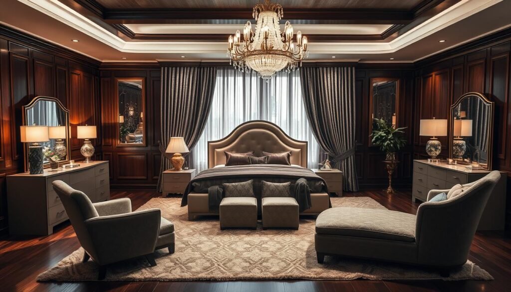 A lavish Art Deco bedroom arrangement featuring a majestic centerpiece bed with a dramatic headboard and luxurious textiles. Sleek, geometric side tables and a vanity with a backlit mirror flank the bed, casting a warm, ambient glow. An elegant armchair and chaise lounge create a cozy seating area near the window, which is adorned with shimmering metallic curtains. The room is illuminated by a stunning chandelier that casts a soft, flattering light across the space. The walls are paneled in rich, dark wood, complemented by plush area rugs and opulent decor pieces that evoke the glamour and sophistication of the Art Deco era.