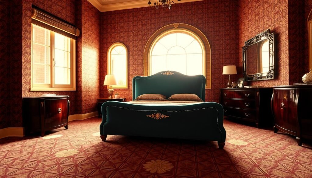 A lush Art Deco bedroom, bathed in warm, golden light from a large window. The foreground features a striking, geometric patterned wallpaper in shades of burgundy, ochre, and teal, with an intricate, repeating design. In the middle ground, a plush, velvet-upholstered bed frame in a rich, deep teal color, adorned with ornate, metallic accents. Smooth, polished wood side tables and a matching dresser in a dark, glossy finish flank the bed. In the background, a large, ornate mirror reflects the patterns and textures, creating a sense of depth and grandeur. The overall atmosphere is one of elegant sophistication and timeless style.