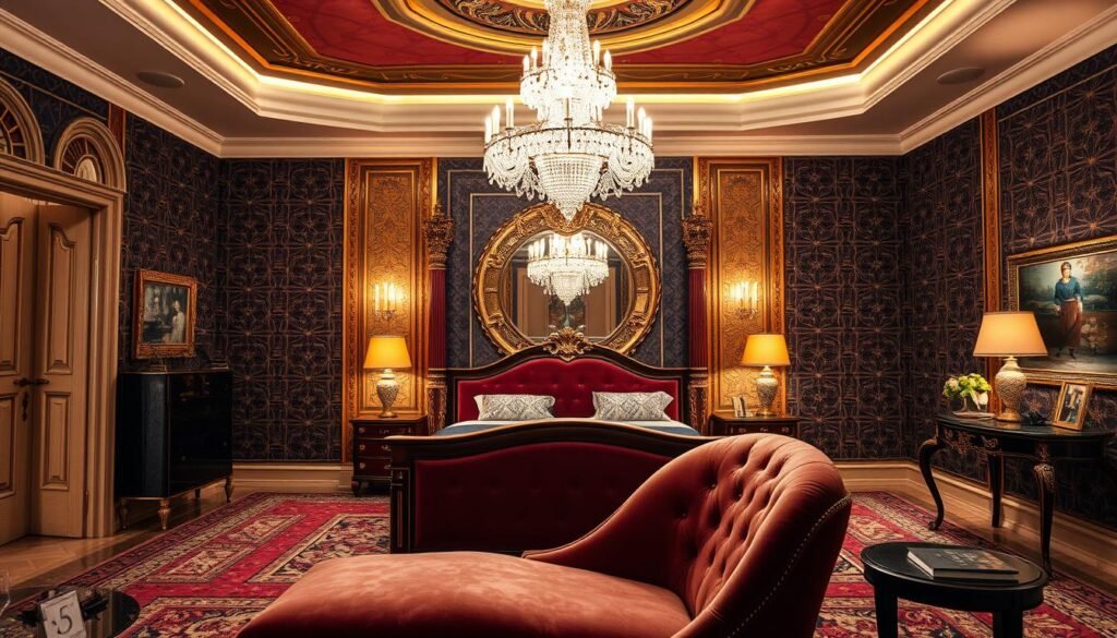 A luxurious Art Deco bedroom with a dramatic focal point. In the center, a grand, ornate four-poster bed with plush velvet upholstery. Overhead, a stunning crystal chandelier casts a warm, ambient glow. The walls are adorned with intricate geometric patterns in rich, jewel-toned hues. A large, gilded mirror reflects the light, adding depth and a sense of grandeur. In the foreground, a sumptuous chaise longue invites relaxation, while a finely crafted side table displays a carefully curated arrangement of decorative objects. The entire scene is bathed in a soft, atmospheric lighting that enhances the opulent, timeless aesthetic.