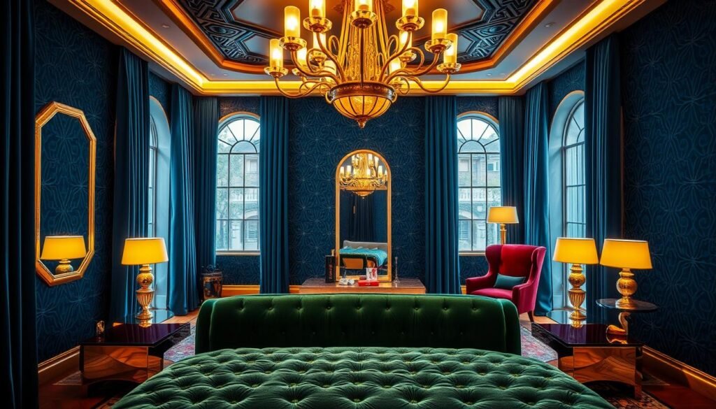 A luxurious Art Deco bedroom with a rich, jewel-toned color palette. Warm, ambient lighting casts a soft glow, highlighting the intricate geometric patterns and metallic accents. In the foreground, a plush, velvet-upholstered bed with a tufted headboard in deep emerald green. Mirrored side tables and a magnificent, art deco-inspired chandelier in burnished brass. Along the walls, bold, geometric wallpaper in a deep, royal blue, complemented by matching curtains that frame the tall, arched windows. In the background, a striking Art Deco armchair in a rich, burgundy velvet, positioned next to a small, mirrored vanity table. The overall atmosphere is one of timeless elegance and glamour.