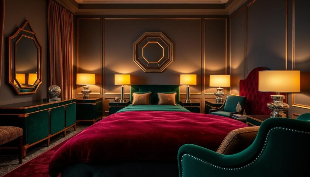 A luxurious Art Deco bedroom with lush, complementary colors. The foreground features a plush, velvet-upholstered bed in a rich emerald green, accented by gold-trimmed nightstands and a striking geometric mirror. The middle ground showcases a sumptuous, deep burgundy area rug, with a pair of sleek, chrome-finished lamps casting a warm, ambient glow. In the background, the walls are painted in a sophisticated, muted blue-gray, creating a cohesive, sophisticated palette. The overall atmosphere is one of refined elegance and timeless style.