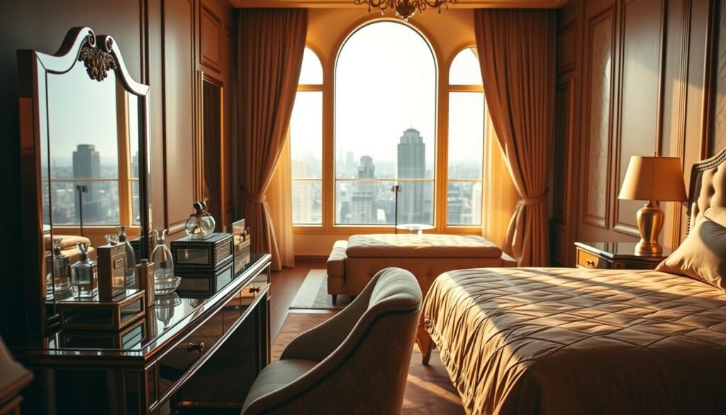 A luxurious Art Deco-inspired bedroom, bathed in warm, golden light. In the foreground, a sleek, mirrored vanity table adorned with elegant glass perfume bottles, an ornate jewelry box, and a plush, tufted chair. On the middle ground, an opulent bed frame with geometric patterns and a sumptuous duvet cover. In the background, a pair of tall, arched windows offering a glimpse of a cityscape skyline. The overall atmosphere is one of refined sophistication and timeless glamour.