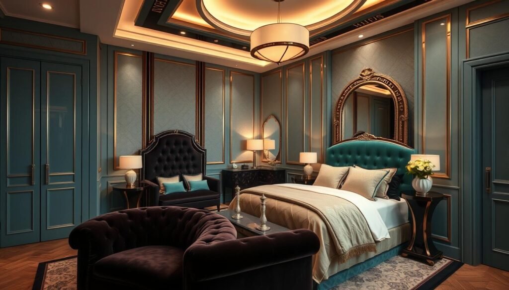 A luxurious Art Deco-inspired bedroom in a sleek, stylish color scheme. Geometric patterns and metallic accents create a sophisticated ambiance, with plush velvet furnishings in rich jewel-toned hues. Soft, warm lighting casts a gentle glow, while a large, ornate mirror reflects the elegance of the space. Streamlined furniture and architectural details evoke the glamour of the 1920s, blending timeless elegance with modern flair. The overall effect is a harmonious, visually striking interior that captures the essence of the Art Deco aesthetic.