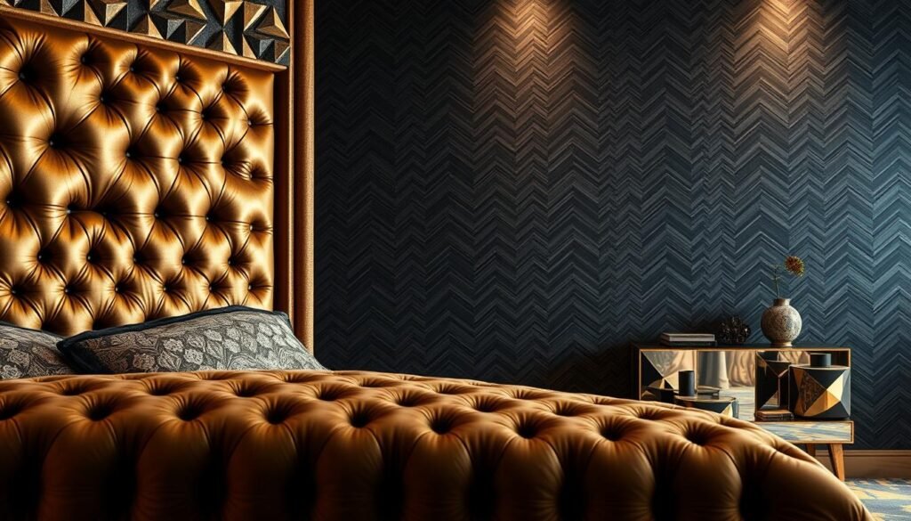 A luxurious Art Deco-inspired bedroom with rich, geometric patterns and luxurious textures. The foreground features a plush, tufted headboard with an intricate angular design in gold and bronze hues. The middle ground showcases a bedside table with a mirrored surface and sleek, angular legs. The background depicts a textured wall with a subtle chevron or herringbone pattern in shades of charcoal, navy, and emerald. Soft, warm lighting casts a cozy, inviting glow throughout the space, creating an elegant and sophisticated atmosphere.
