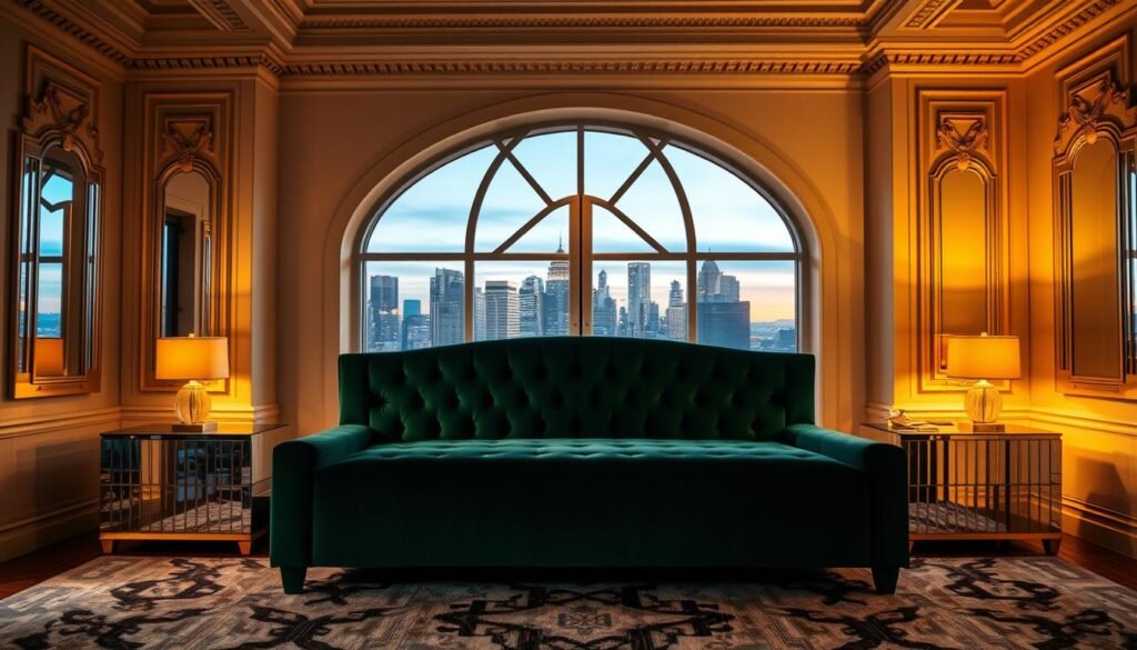 A luxurious art deco bedroom bathed in soft, warm lighting. In the foreground, an elegant, tufted velvet headboard in a rich emerald green hue. On either side, sleek, mirrored nightstands with art deco-inspired lamps casting a golden glow. The middle ground features a plush, patterned area rug in an abstract, geometric design. In the background, high ceilings with ornate moldings, and a large, arched window overlooking a city skyline at dusk. The overall atmosphere is one of timeless sophistication and glamour, perfect for a budget-friendly art deco inspired space.
