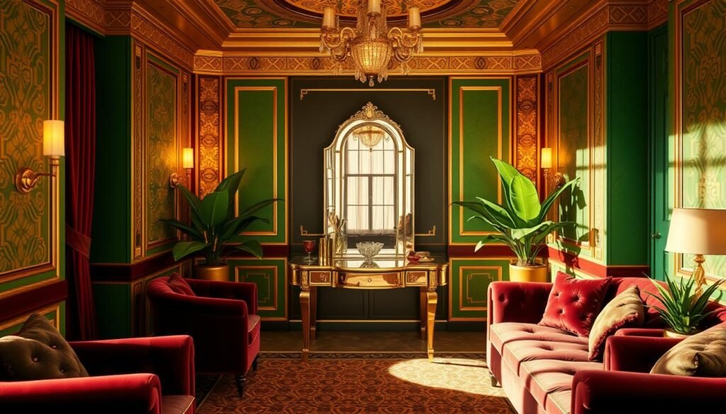 A luxurious art deco bedroom with a vibrant, harmonious color palette in shades of burnished gold, deep emerald, and rich burgundy. The scene is bathed in warm, soft lighting, casting a cozy, inviting ambiance. The walls feature intricate geometric patterns and a stunning, mirrored vanity table takes center stage, surrounded by plush velvet furnishings. Elegant brass fixtures and accents add a touch of glamour, while lush greenery in potted plants brings a refreshing natural element to the space. The overall impression is one of timeless sophistication and a fresh, modern interpretation of the iconic art deco style.