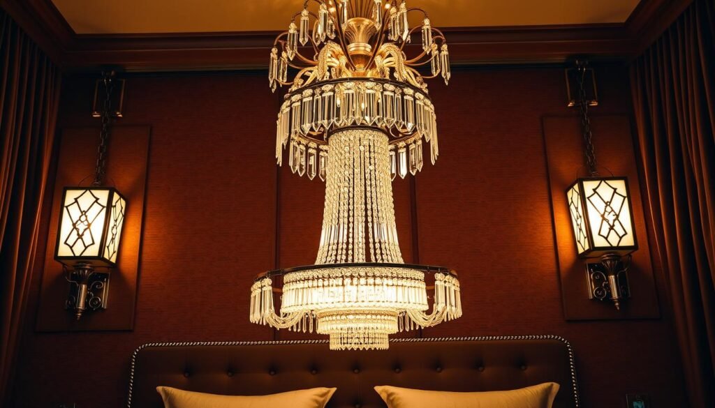 A luxurious art deco bedroom with opulent lighting fixtures casting a warm, golden glow. Elegant sconces with geometric patterns and shimmering crystal accents flank a statement chandelier - a stunning centerpiece with cascading glass prisms refracting the light. The fixtures are mounted on rich, textured walls in deep, jewel-toned hues. Plush, velvety curtains frame the scene, adding a cozy, intimate ambiance. The overall mood is one of timeless glamour and refined sophistication, perfectly suited for a glamorous art deco-inspired bedroom retreat.