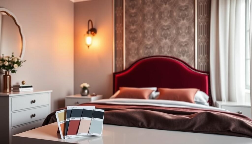 A sleek and stylish Art Deco-inspired bedroom, showcasing a color scheme selection guide. The foreground features a minimalist yet elegant nightstand, with swatches of various color palettes artfully displayed. The middle ground depicts the room's main focal point - a luxurious, curved headboard in a rich, jewel-toned hue. The background is a softly-lit, geometric-patterned wall, creating a sense of depth and sophistication. Warm lighting from a classic Art Deco-style sconce casts a gentle glow, accentuating the room's timeless elegance. The overall atmosphere evokes a refined, curated aesthetic, inviting the viewer to explore the harmonious color combinations for their own Art Deco-inspired bedroom.