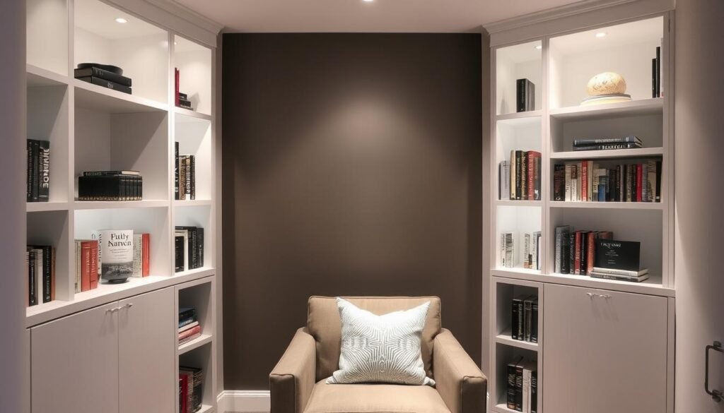 A well-lit reading nook with sleek, modern bookcases flanking a cozy armchair. The bookcases feature clean lines, a mix of open and closed shelving, and a neutral color palette that complements the space. Soft, diffused lighting illuminates the shelves, highlighting the textures and materials of the books and decor. The arrangement creates an inviting, stylish atmosphere perfect for curling up with a good read.