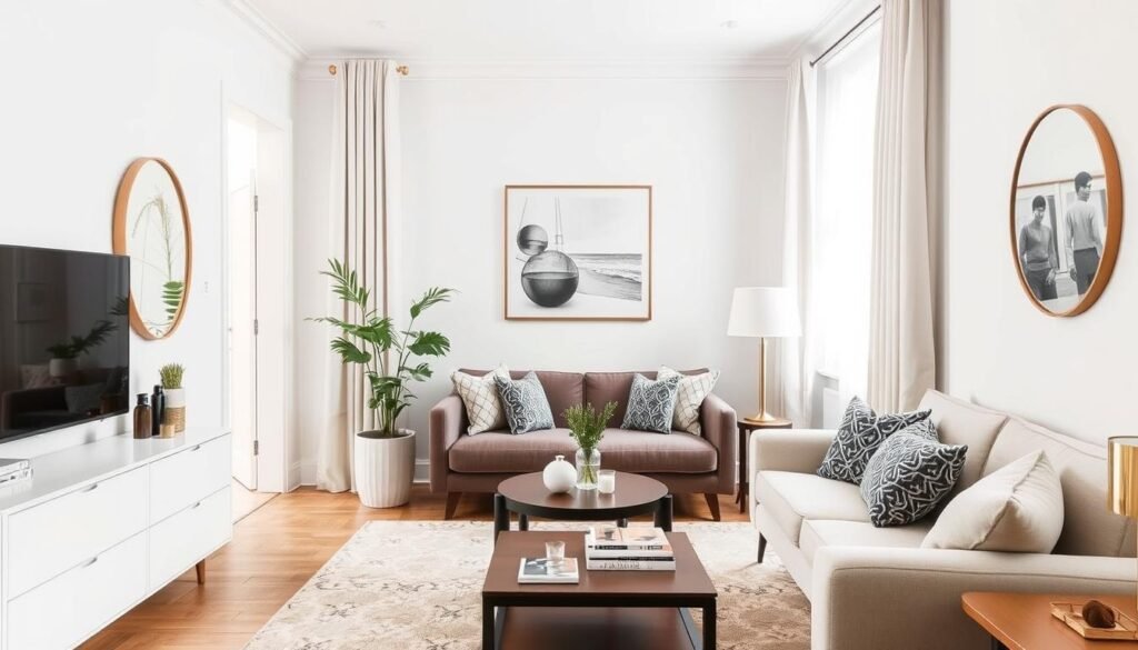 Beautifully decorated small living room incorporating multiple space-saving techniques Beautifully decorated small living room incorporating multiple space-saving techniques