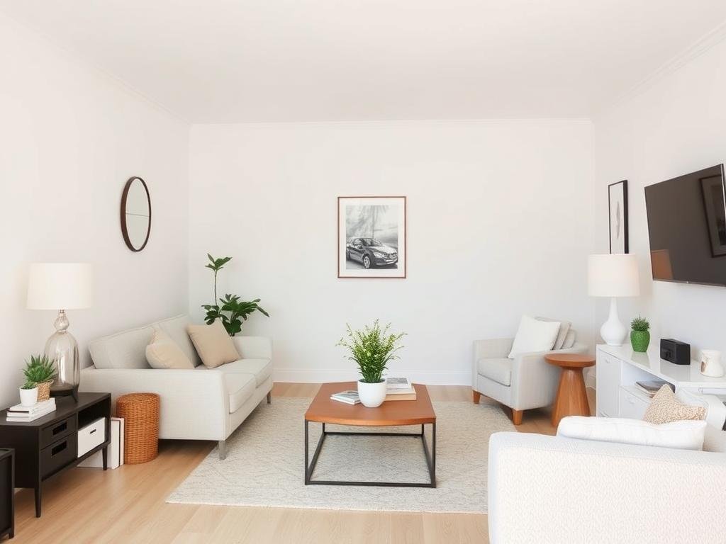 Clean, decluttered small living room with minimal accessories Clean, decluttered small living room with minimal accessories