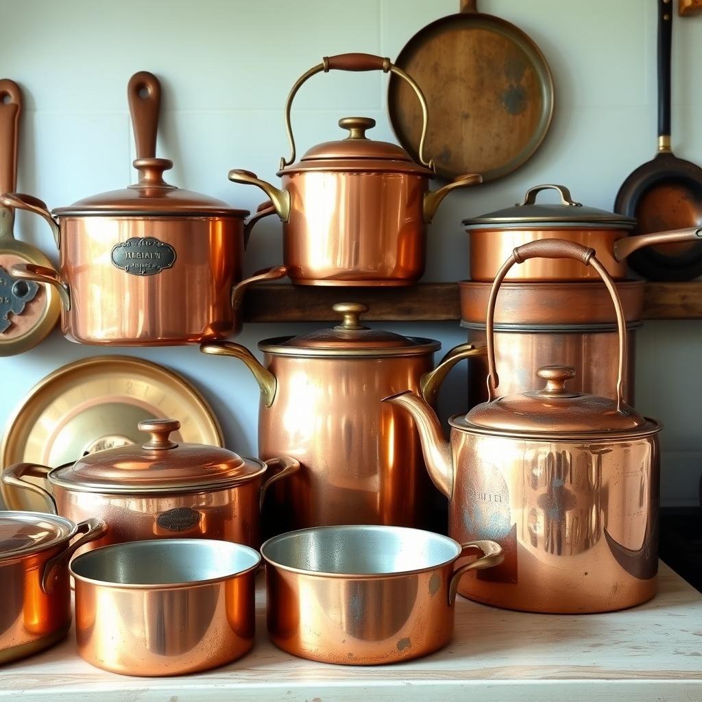 Collection of copper cookware in a French kitchen Collection of copper cookware in a French kitchen