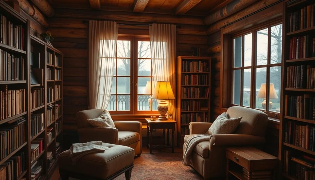 Cozy book nook with soft, ambient lighting in a cozy corner of a rustic, wooden-paneled room. Plush armchair and footstool in warm tones, surrounded by bookshelves filled with well-worn volumes. Gentle lamp on a side table casts a golden glow, highlighting the textures of the room. Throw blanket and pillow add to the inviting, lived-in feel. Large window overlooking a peaceful outdoor scene, with sunlight filtering through sheer curtains. The overall atmosphere is one of tranquility, comfort, and a love of reading. Cozy book nook with soft, ambient lighting in a cozy corner of a rustic, wooden-paneled room. Plush armchair and footstool in warm tones, surrounded by bookshelves filled with well-worn volumes. Gentle lamp on a side table casts a golden glow, highlighting the textures of the room. Throw blanket and pillow add to the inviting, lived-in feel. Large window overlooking a peaceful outdoor scene, with sunlight filtering through sheer curtains. The overall atmosphere is one of tranquility, comfort, and a love of reading.