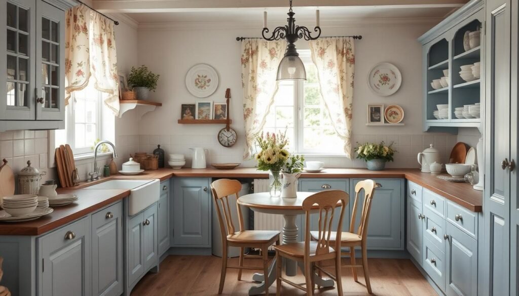 French Cottage Kitchen with floral patterns, vintage accessories, and painted furniture French Cottage Kitchen with floral patterns, vintage accessories, and painted furniture