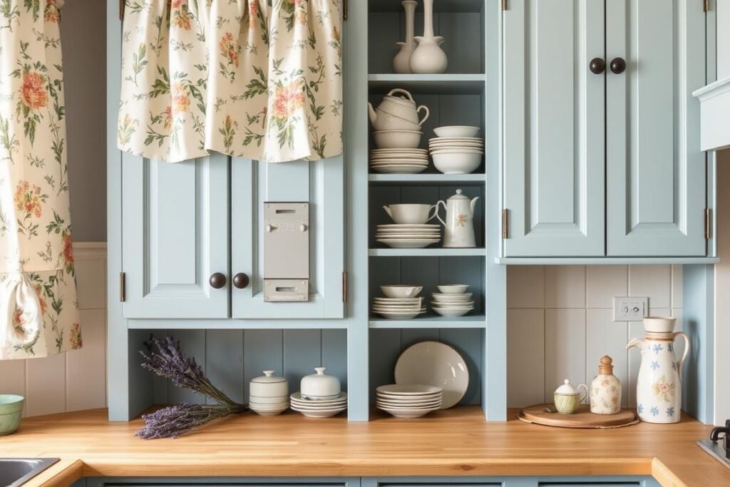 French Cottage kitchen details showing painted cabinets and decorative elements French Cottage kitchen details showing painted cabinets and decorative elements