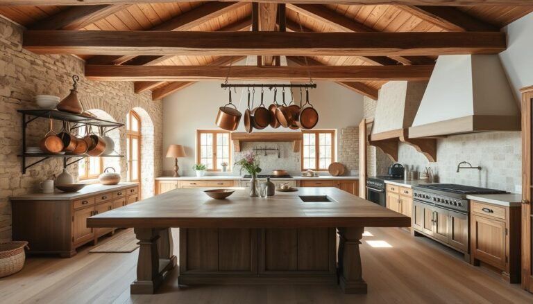 French Farmhouse Kitchen with exposed beams, stone elements, and large wooden table