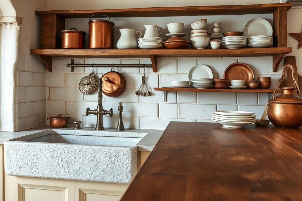 French Farmhouse kitchen details showing stone sink and open shelving with copper cookware French Farmhouse kitchen details showing stone sink and open shelving with copper cookware