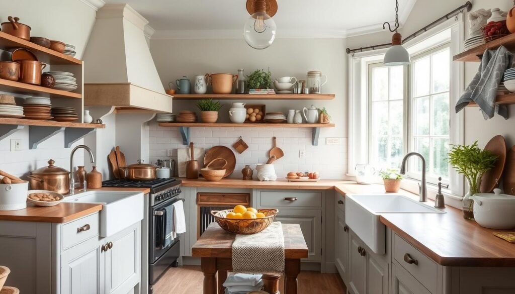 French kitchen showing elements common to both farmhouse and cottage styles French kitchen showing elements common to both farmhouse and cottage styles