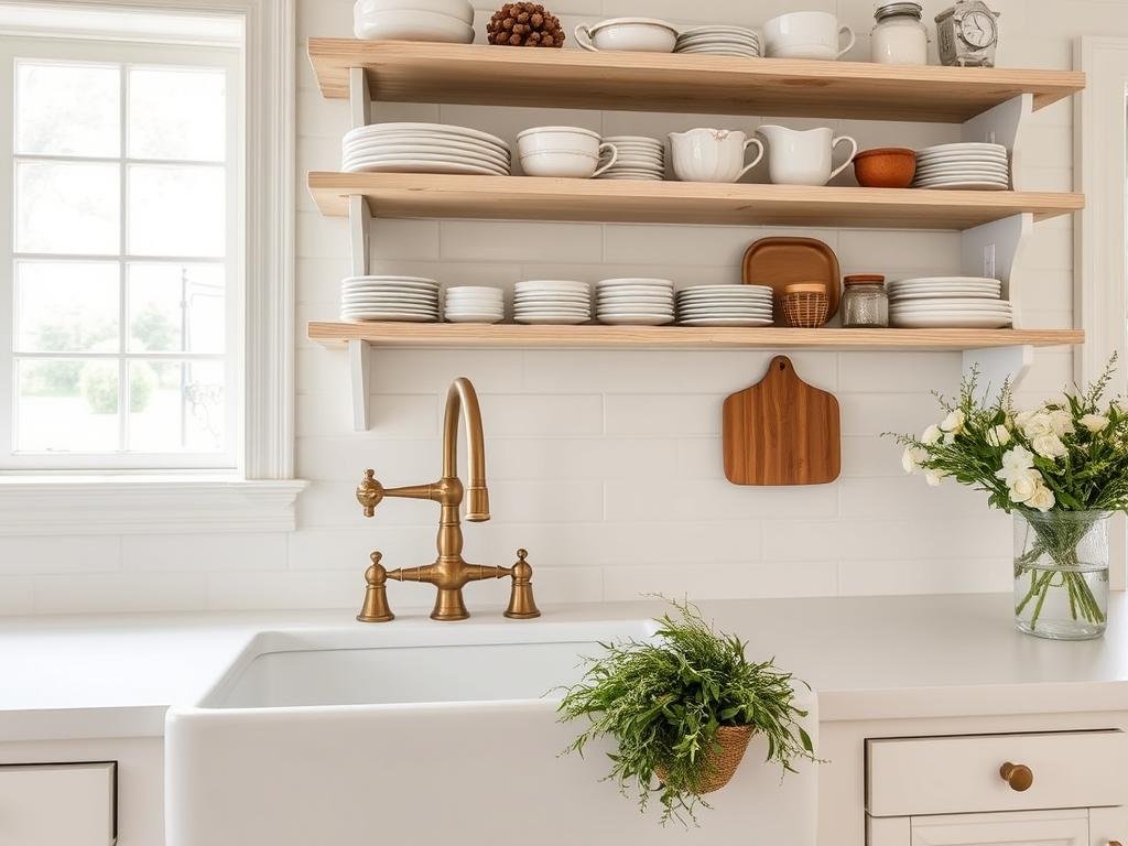French kitchen with farmhouse sink and open shelving common to both styles French kitchen with farmhouse sink and open shelving common to both styles