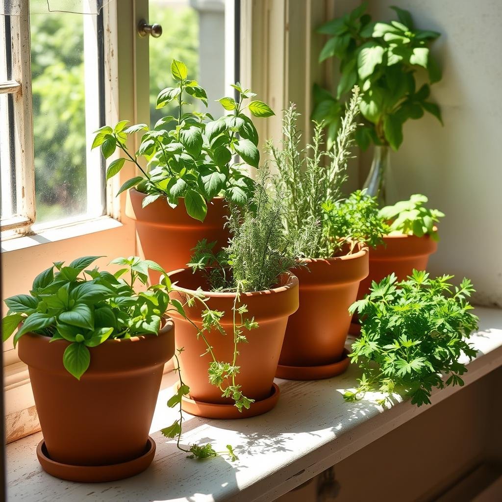 Fresh herbs growing in pots in a French kitchen window Fresh herbs growing in pots in a French kitchen window