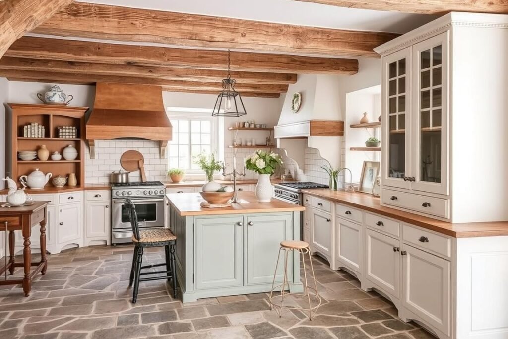 Hybrid French kitchen combining elements of both farmhouse and cottage styles Hybrid French kitchen combining elements of both farmhouse and cottage styles
