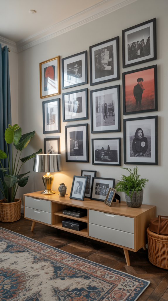 A vibrant eclectic gallery wall featuring a mix of framed photos and artwork in various styles and sizes.