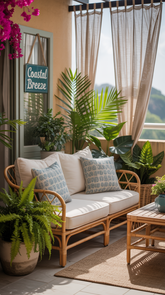 A cozy balcony with rattan furniture, cushions, and plants, showcasing a coastal vibe.