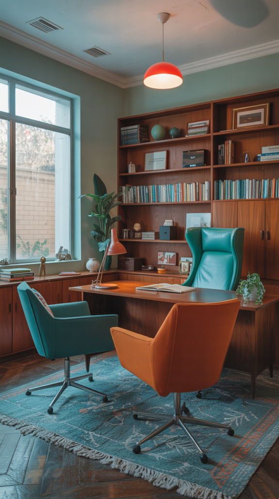 Mid-century modern office with teal and orange chairs, wooden shelves, and a desk