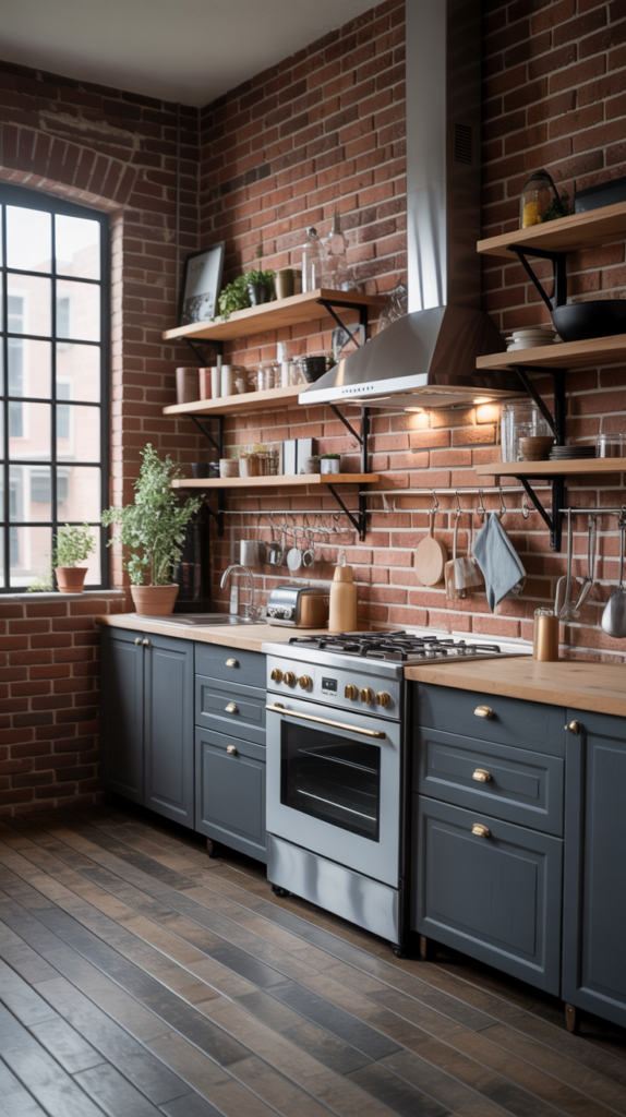An industrial-style kitchen featuring exposed brick walls, open shelving, and modern appliances.