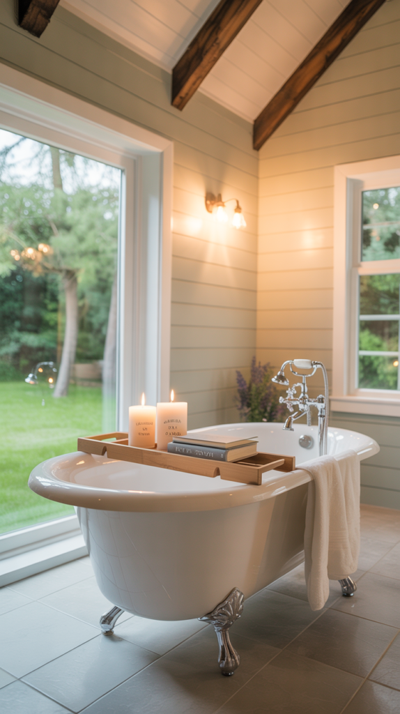 A modern farmhouse bathroom featuring a freestanding bathtub, shiplap walls, and wooden accents.