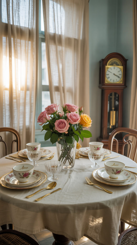 A vintage-inspired dining area featuring soft blue walls, wooden furniture, floral arrangements, and warm lighting.