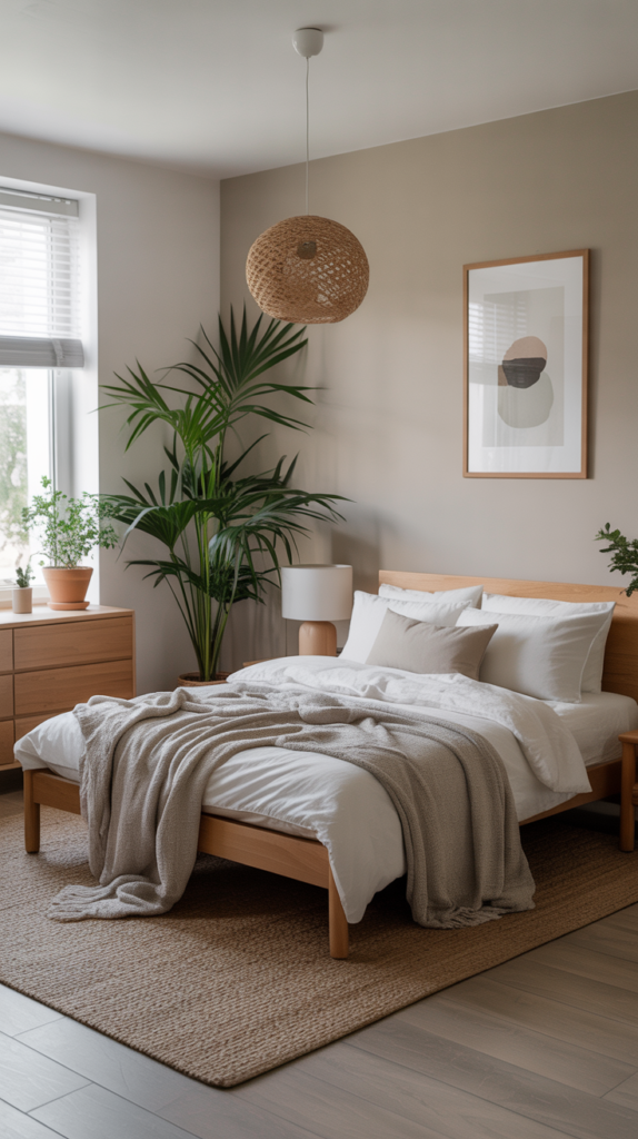 A minimalist Scandinavian bedroom featuring light wood furniture, a neutral color palette, and potted plants.