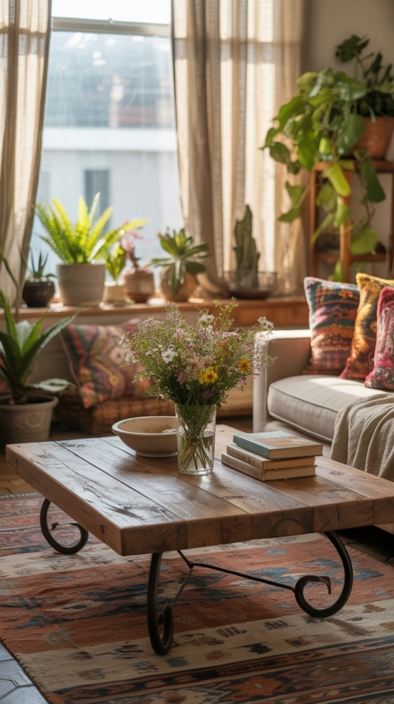 A cozy bohemian chic living room with plants, colorful textiles, and a wooden coffee table.