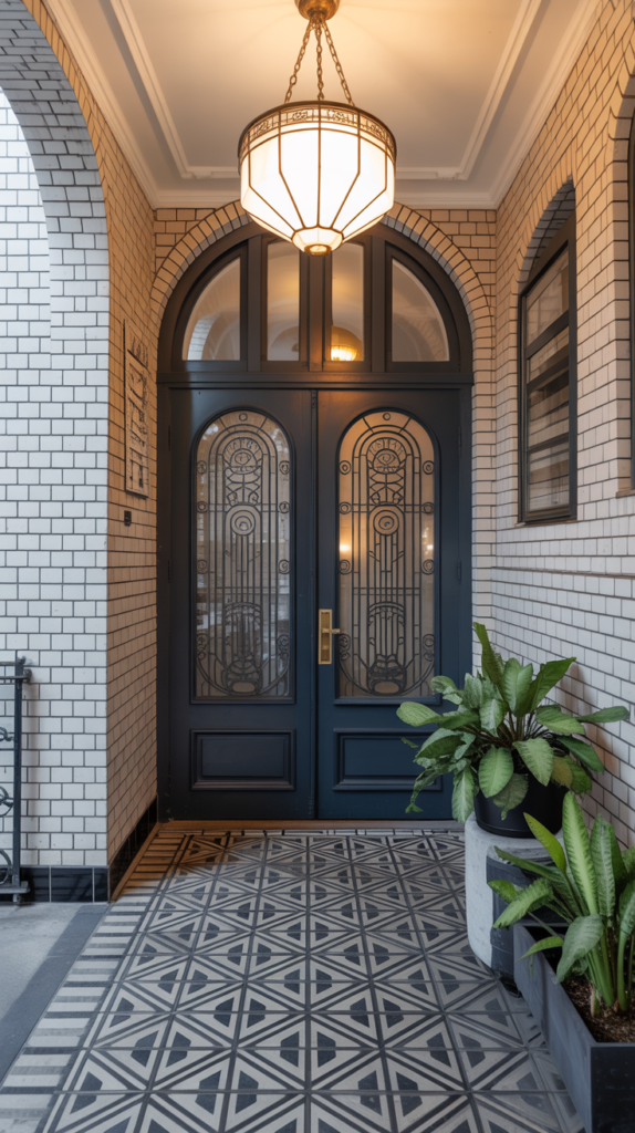 Art Deco inspired entryway featuring geometric patterned floor tiles, ornate lighting fixtures, and stylish plants.