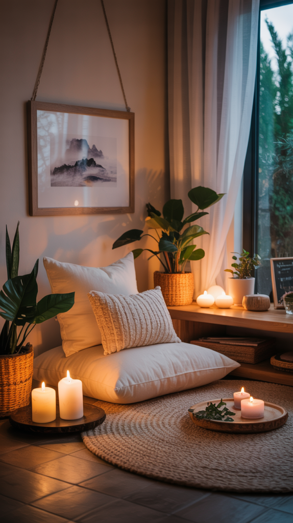 A cozy Zen meditation corner with soft pillows, candles, and plants.