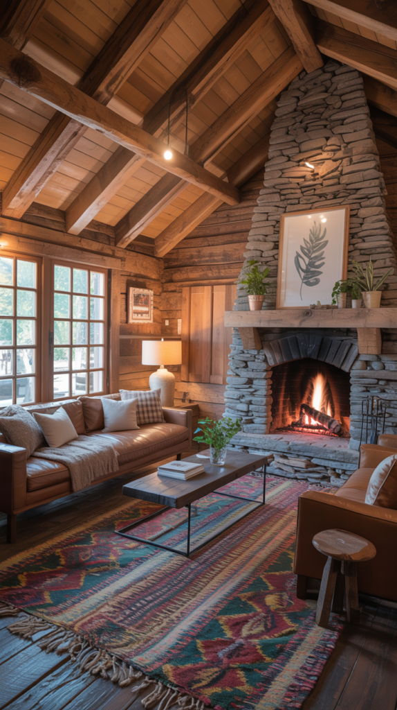 A cozy rustic cabin living space featuring wooden beams, a stone fireplace, comfortable seating, and a vibrant area rug.