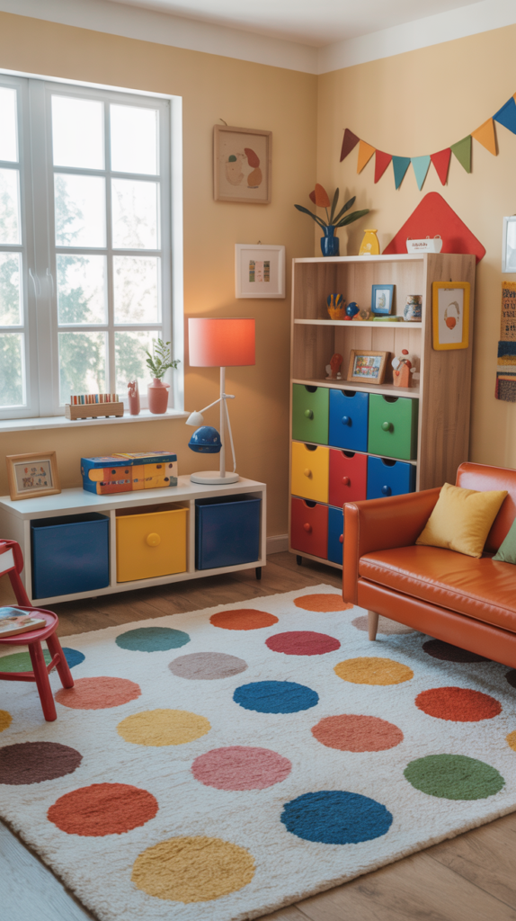 A colorful kids playroom with bright furniture, playful decor, and a cozy rug.