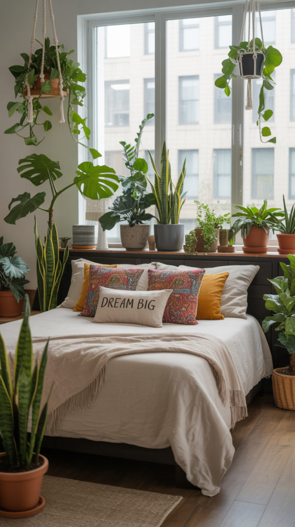 A cozy urban jungle bedroom filled with various indoor plants, a comfortable bed with colorful pillows, and natural light coming through the window.