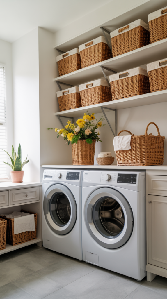 A stylish laundry room featuring white walls, modern washing machines, organized shelves with baskets, and a bouquet of yellow flowers.