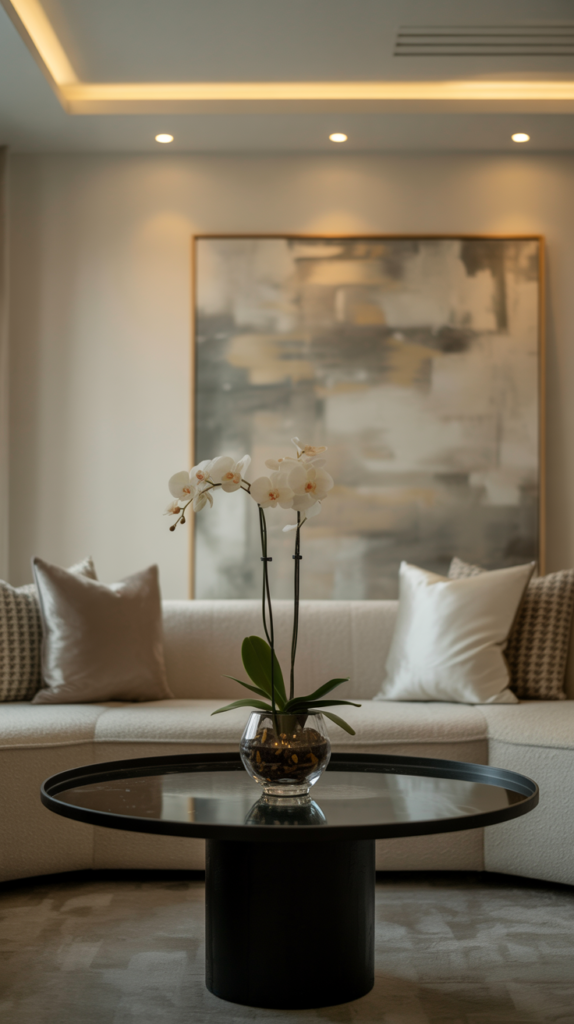 A sleek contemporary lounge featuring beige sofas, a round black coffee table, and warm lighting.