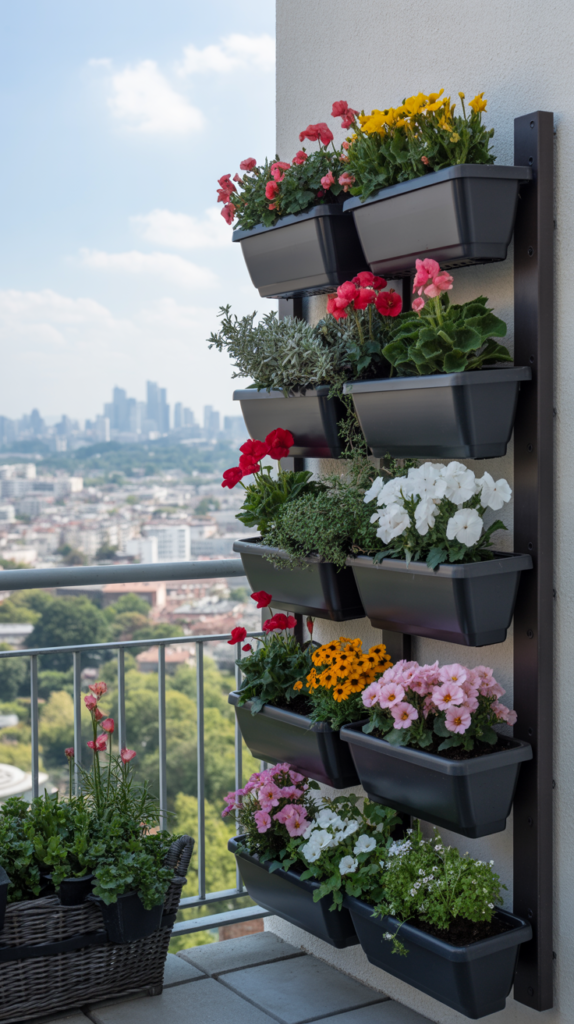 A vibrant collection of flowers in a vertical planter on a balcony.
