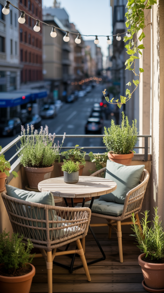 A small balcony with a round table and two chairs surrounded by potted plants.